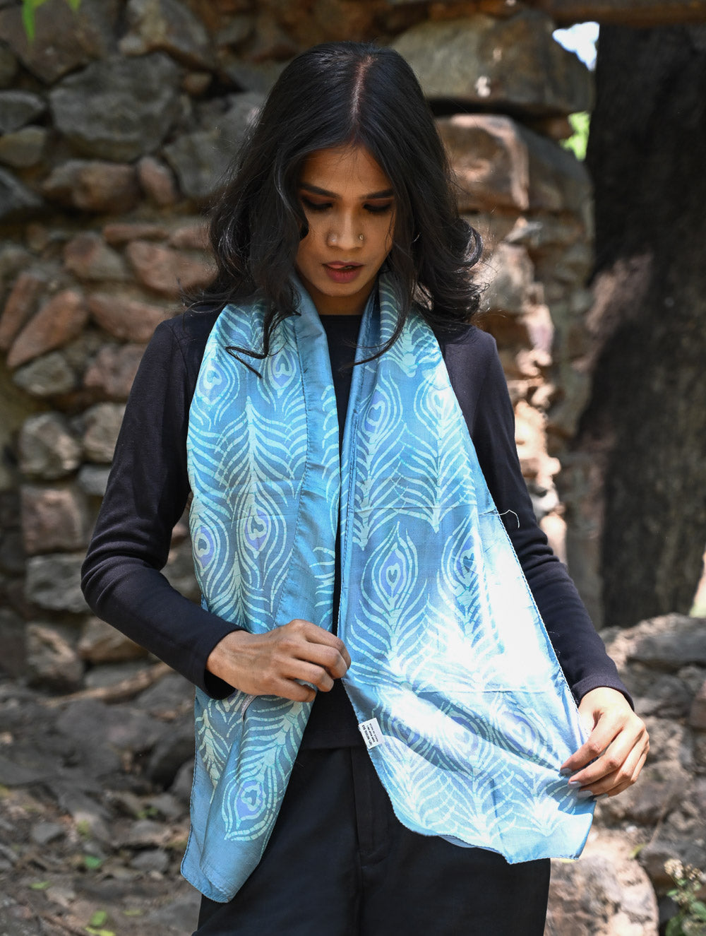 Light & Soft. Handcrafted Silk Batik Scarf - Azure Feather