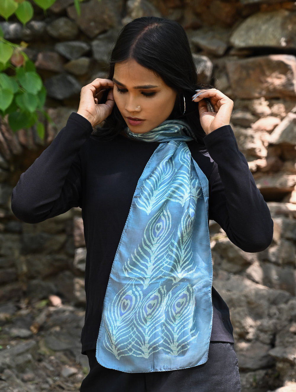 Light & Soft. Handcrafted Silk Batik Scarf - Azure Feather