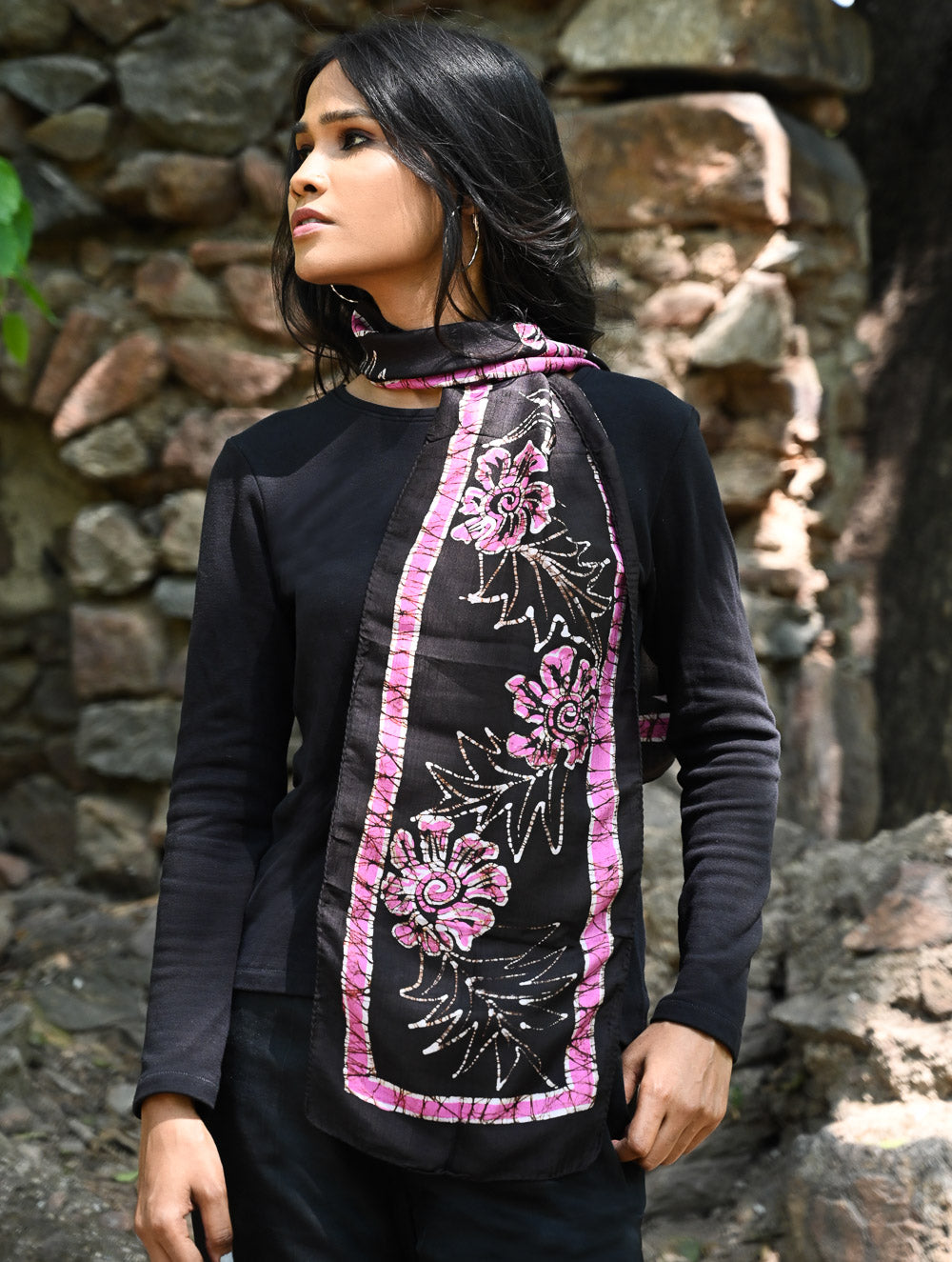 Light & Soft. Handcrafted Silk Batik Scarf - Noir Blossoms
