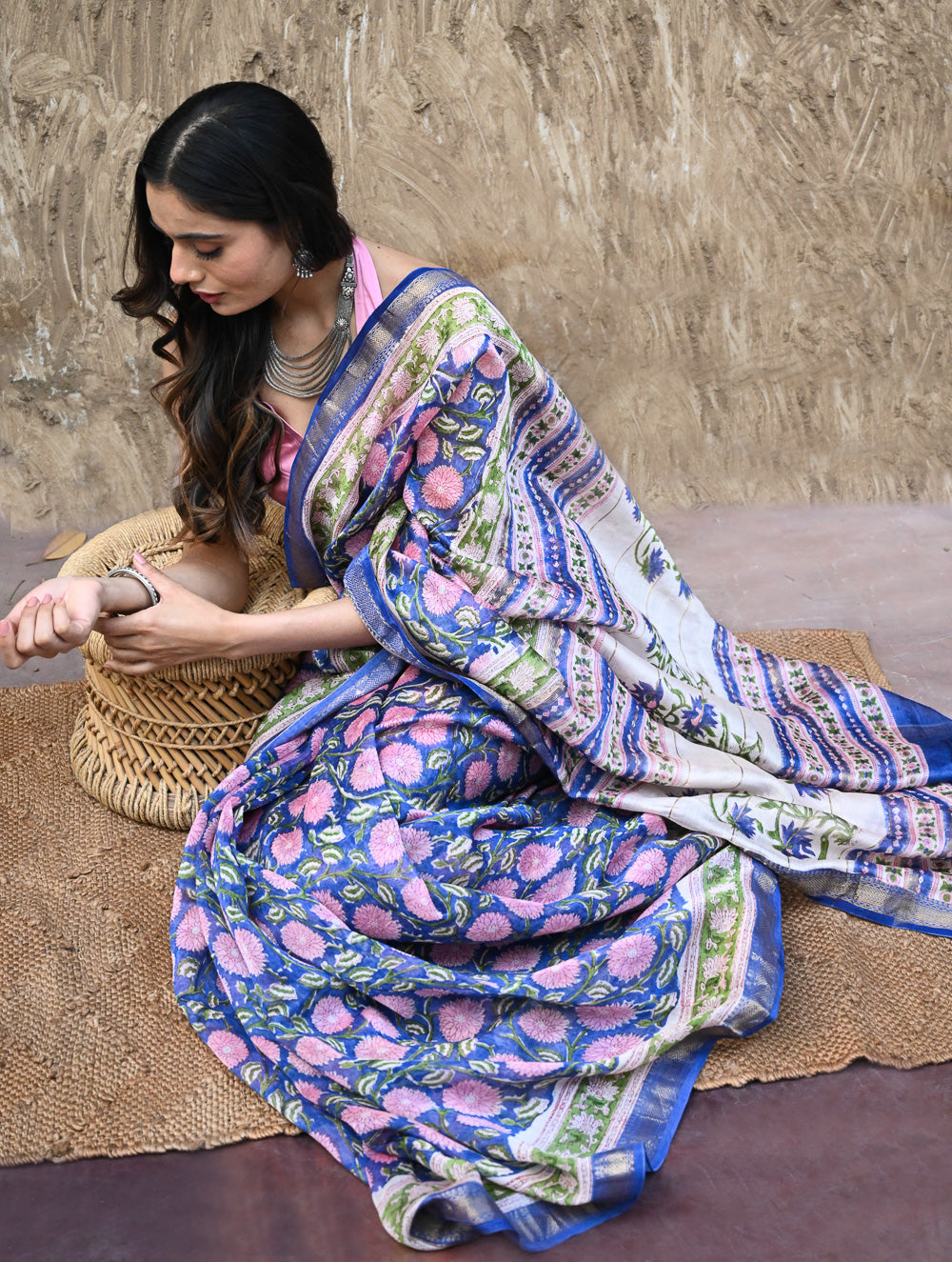 Sanganer Summers. Hand Block Printed Maheshwari Silk Cotton Saree- Neel Kamalini