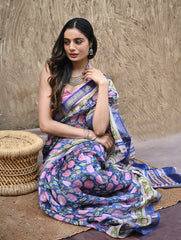 Sanganer Summers. Hand Block Printed Maheshwari Silk Cotton Saree- Neel Kamalini