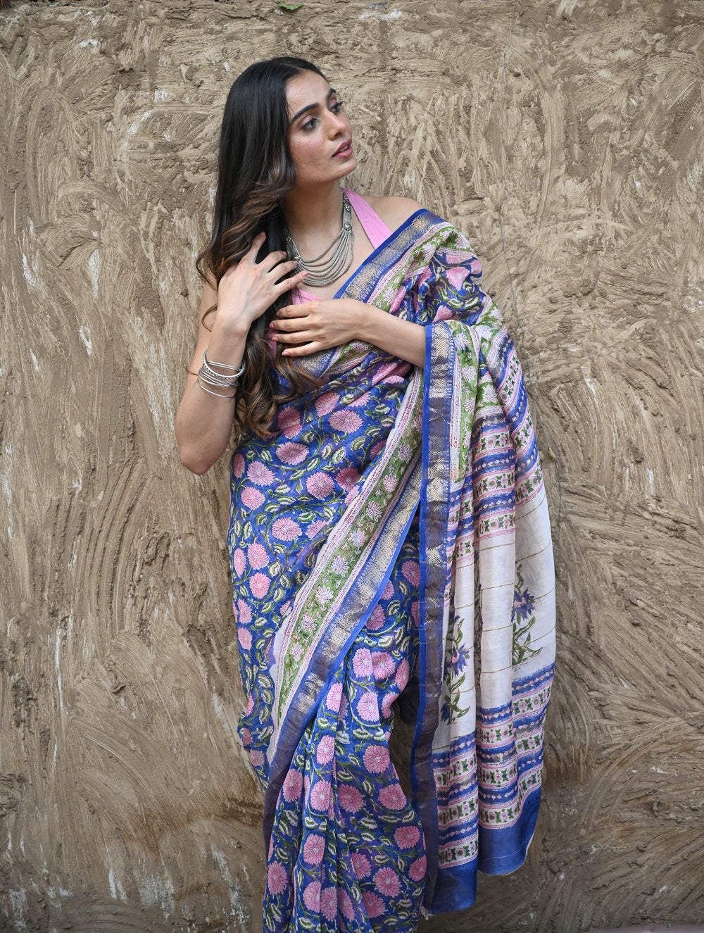 Sanganer Summers. Hand Block Printed Maheshwari Silk Cotton Saree- Neel Kamalini