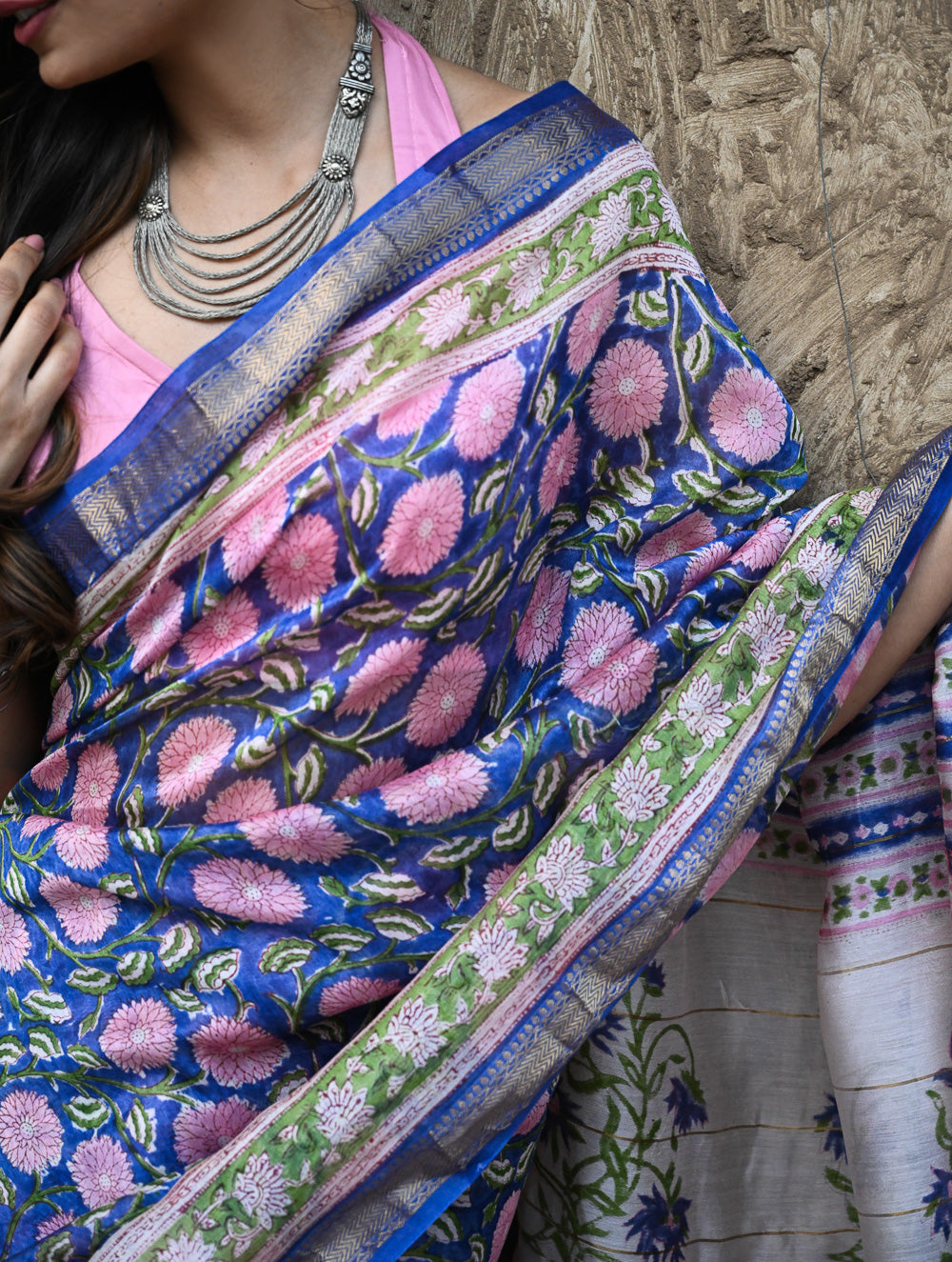 Sanganer Summers. Hand Block Printed Maheshwari Silk Cotton Saree- Neel Kamalini