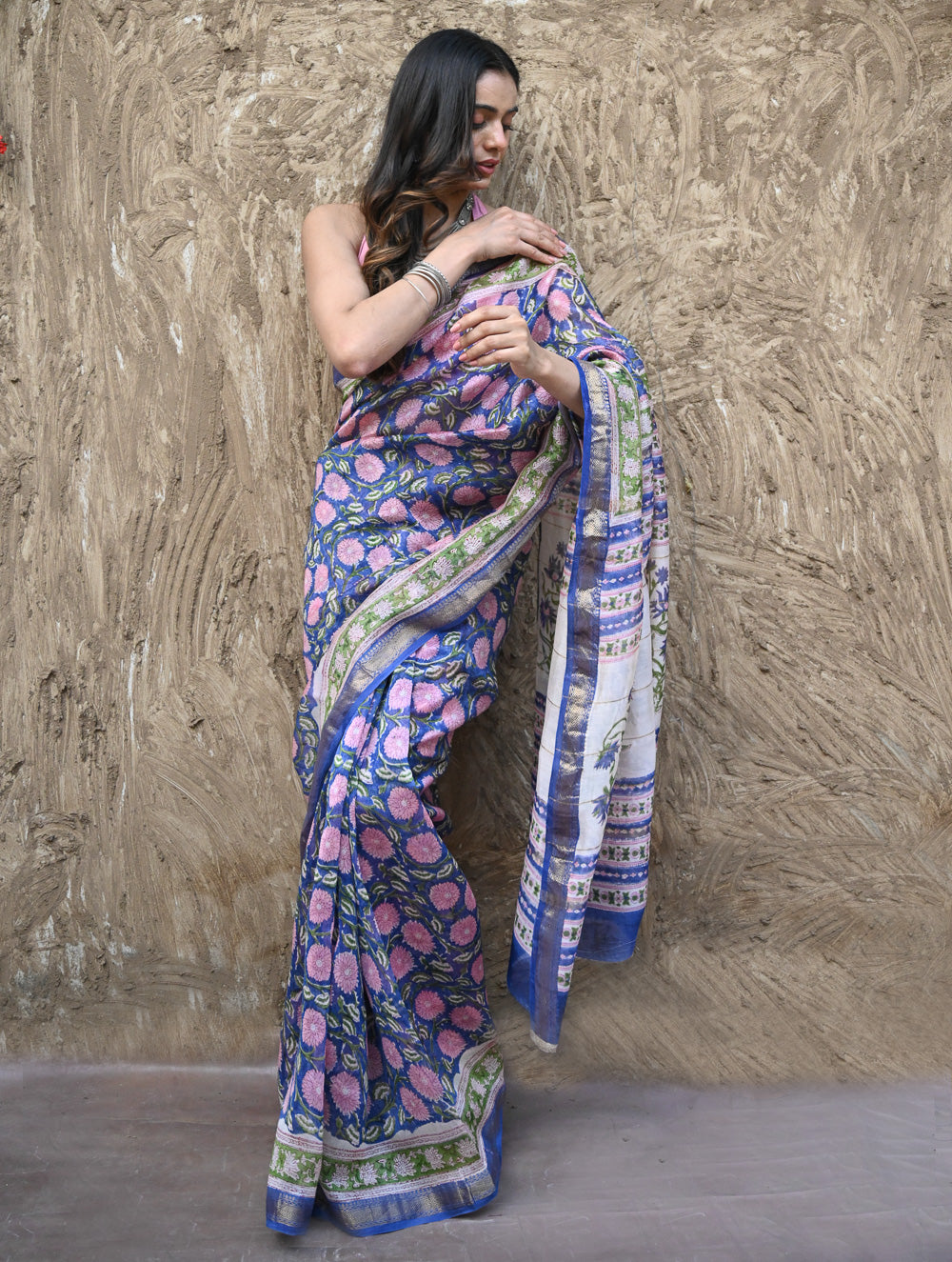Sanganer Summers. Hand Block Printed Maheshwari Silk Cotton Saree- Neel Kamalini