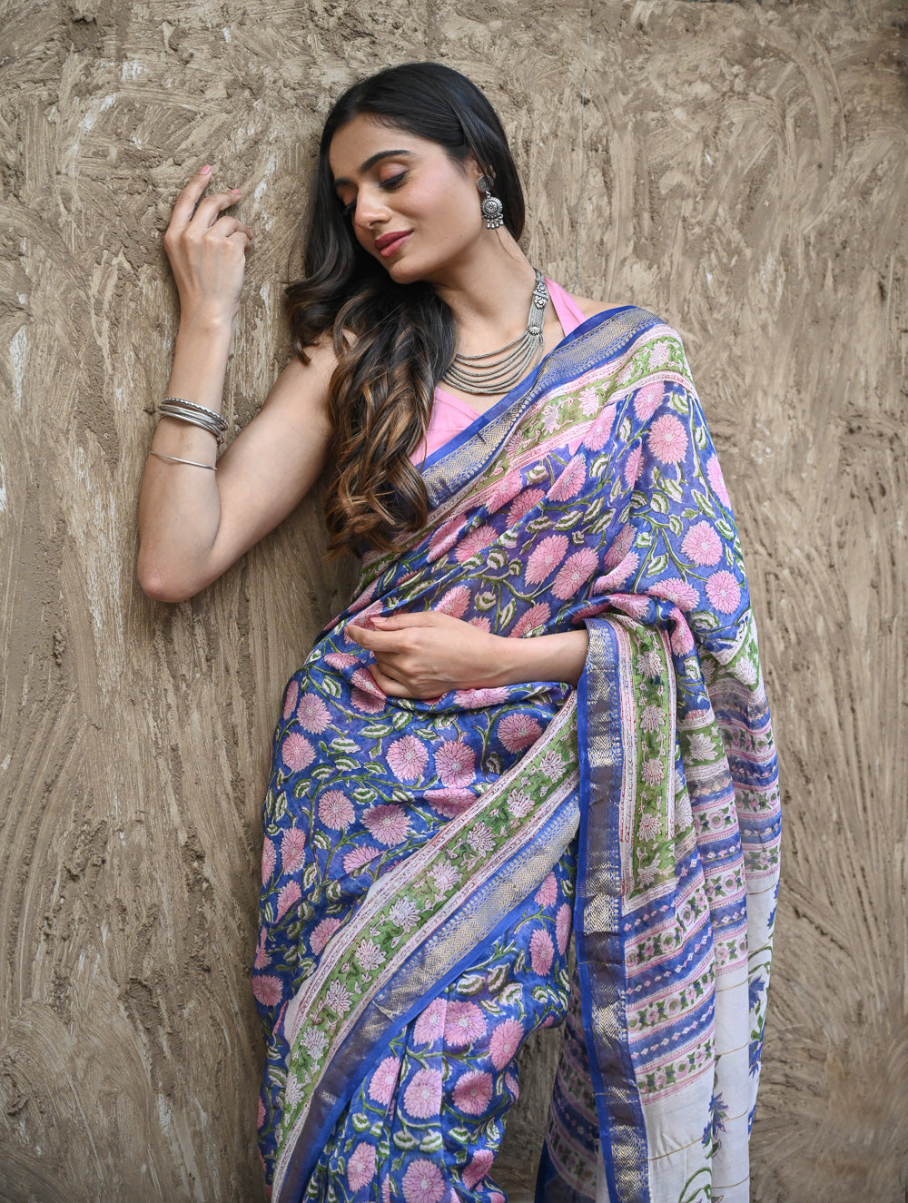 Sanganer Summers. Hand Block Printed Maheshwari Silk Cotton Saree- Neel Kamalini