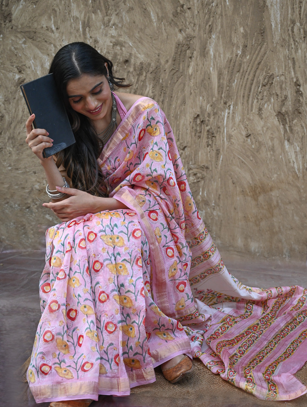 Sanganer Summers. Hand Block Printed Maheshwari Silk Cotton Saree - Kusuma