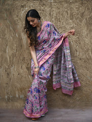 Sanganer Summers. Hand Block Printed Maheshwari Silk Cotton Saree - Mauve Florals