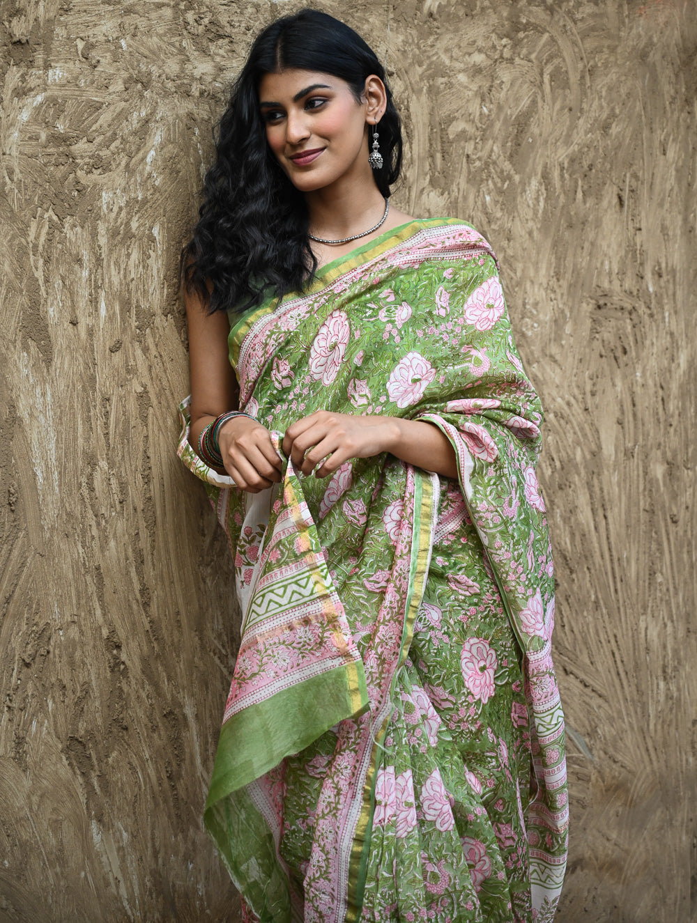 Sanganer Summers. Hand Block Printed Chanderi Saree - Green Florals