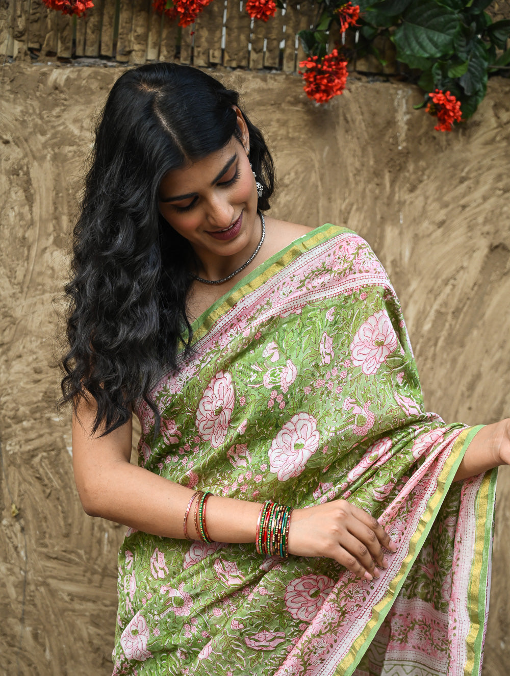 Sanganer Summers. Hand Block Printed Chanderi Saree - Green Florals