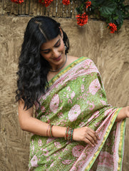 Sanganer Summers. Hand Block Printed Chanderi Saree - Green Florals