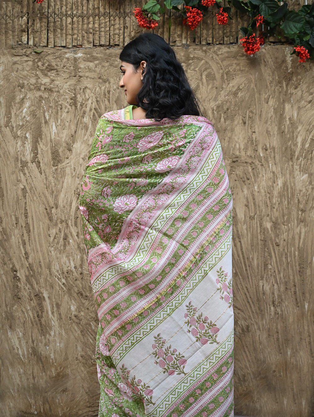 Sanganer Summers. Hand Block Printed Chanderi Saree - Green Florals