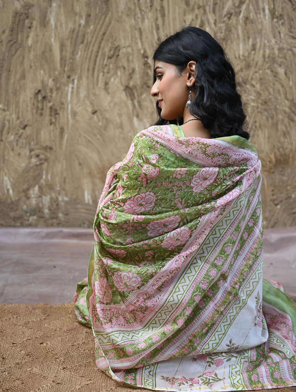 Sanganer Summers. Hand Block Printed Chanderi Saree - Green Florals