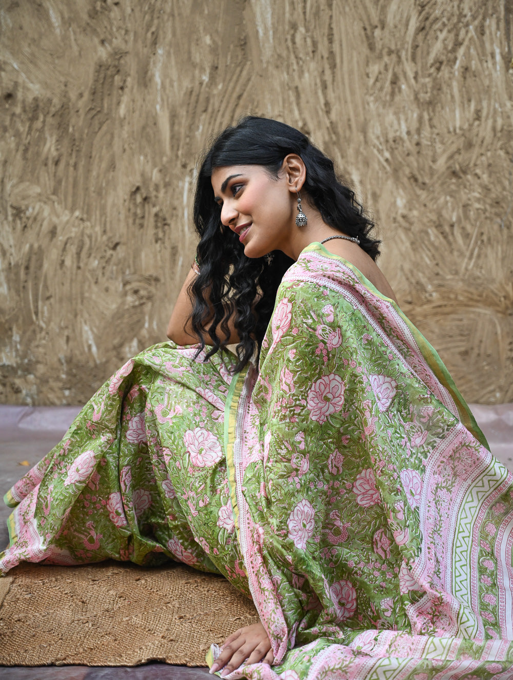 Sanganer Summers. Hand Block Printed Chanderi Saree - Green Florals