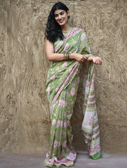 Sanganer Summers. Hand Block Printed Chanderi Saree - Green Florals