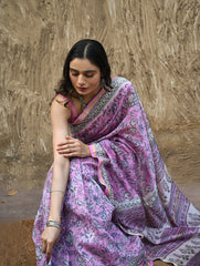 Sanganer Summers. Hand Block Printed Chanderi Saree - Mauve Petals