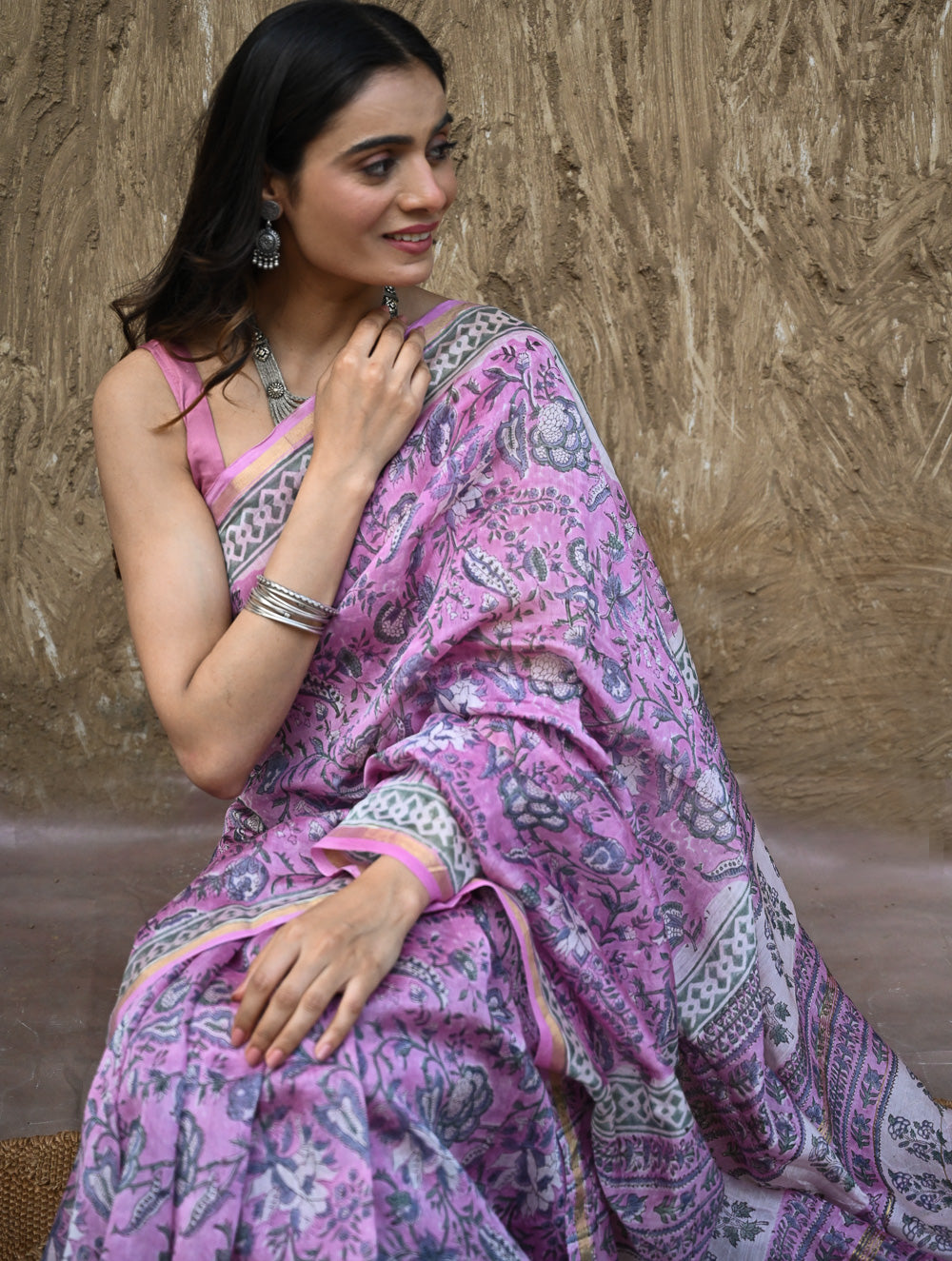 Sanganer Summers. Hand Block Printed Chanderi Saree - Mauve Petals