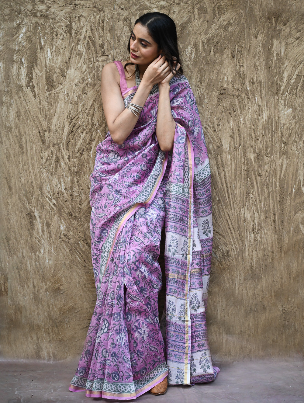 Sanganer Summers. Hand Block Printed Chanderi Saree - Mauve Petals