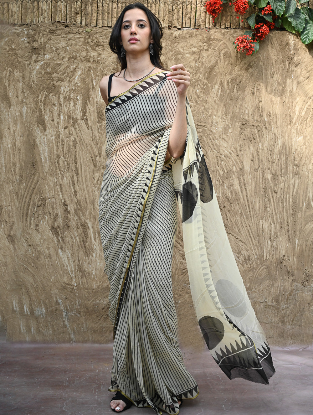 Bagru Statements : Hand Block Printed Chiffon Saree - Rekh Saaj