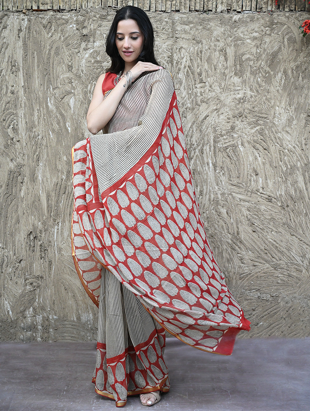 Bagru Statements : Hand Block Printed Chiffon Saree - Surk Rekha