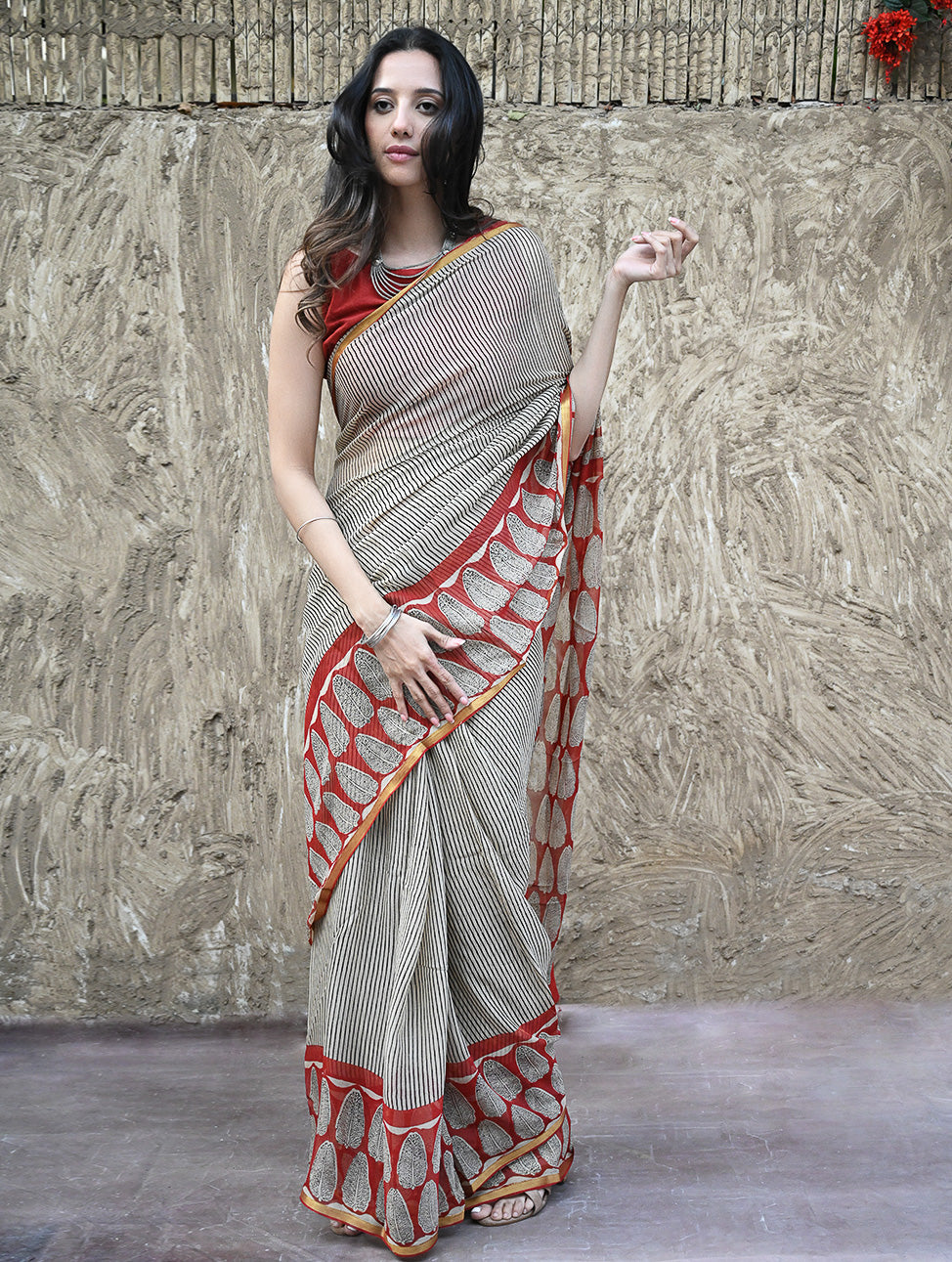 Bagru Statements : Hand Block Printed Chiffon Saree - Surk Rekha