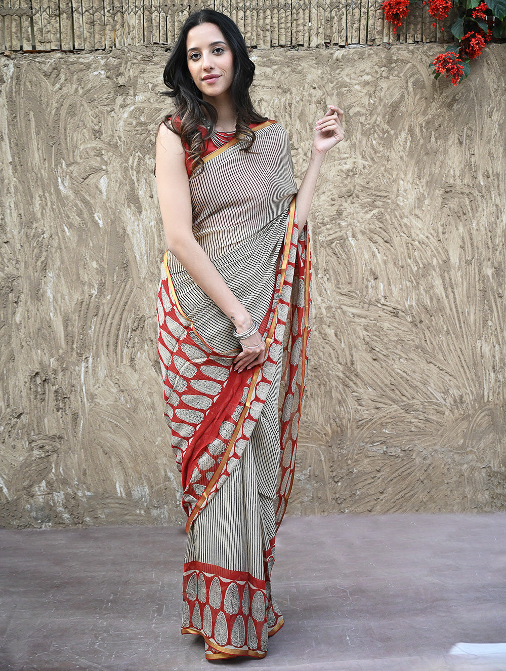 Bagru Statements : Hand Block Printed Chiffon Saree - Surk Rekha