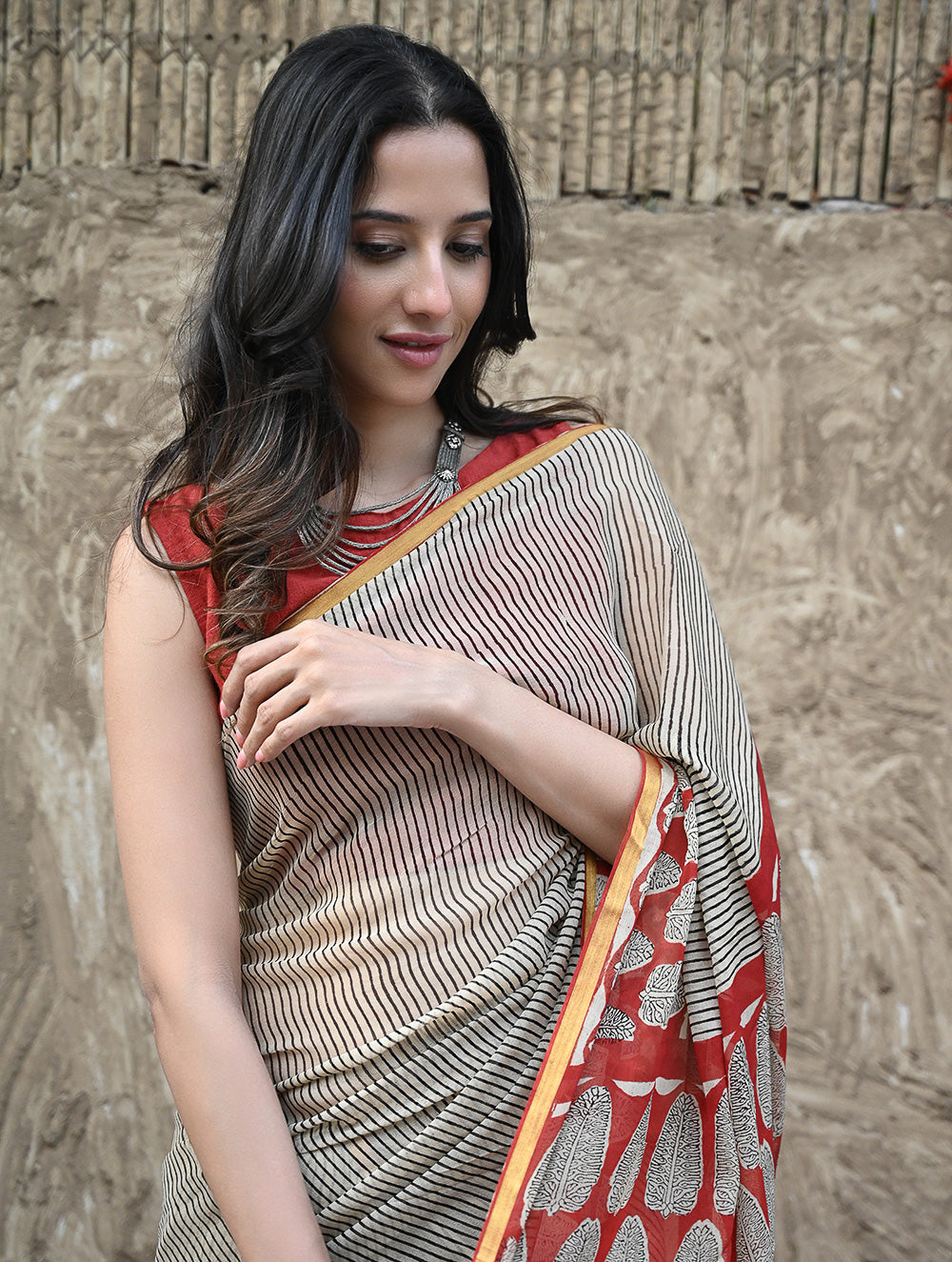 Bagru Statements : Hand Block Printed Chiffon Saree - Surk Rekha
