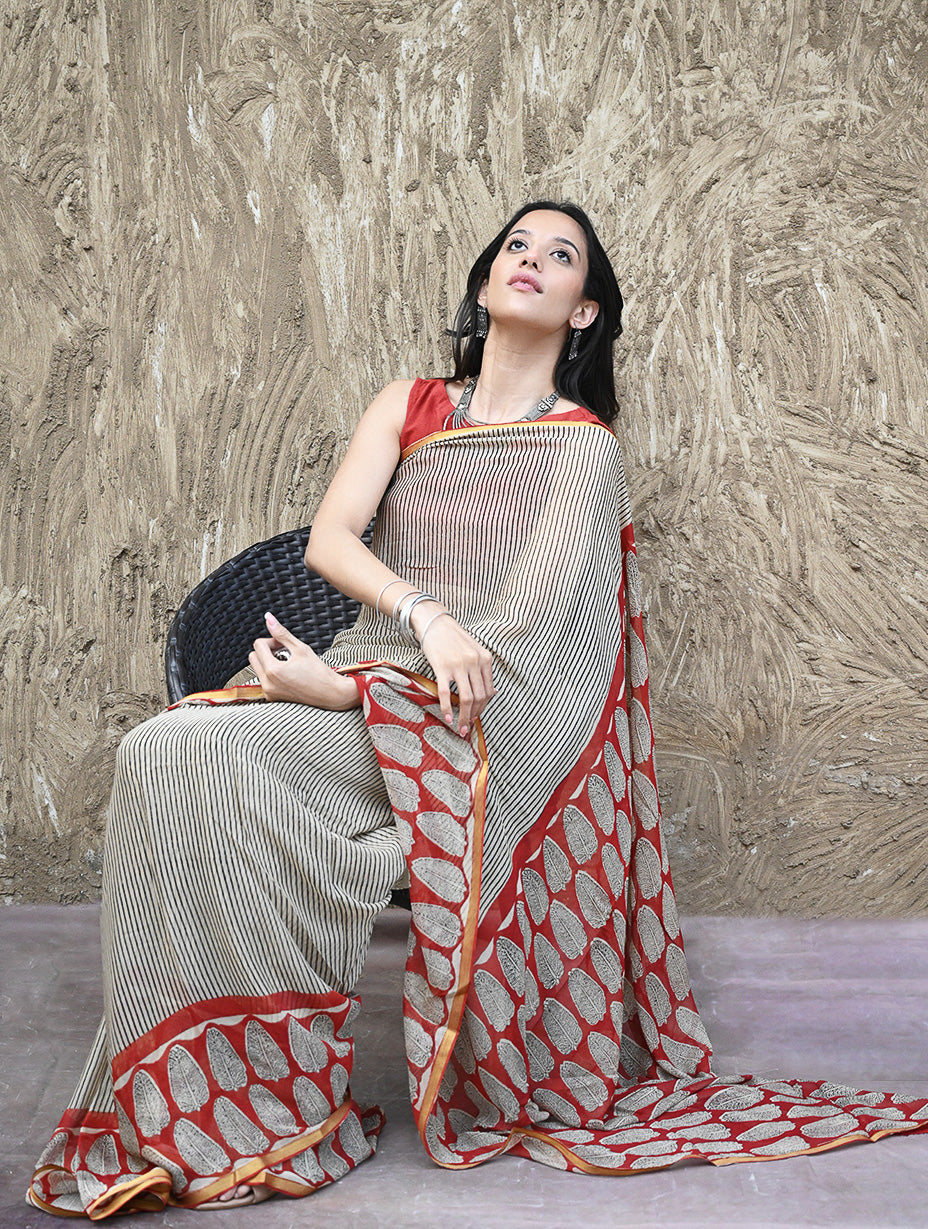 Bagru Statements : Hand Block Printed Chiffon Saree - Surk Rekha