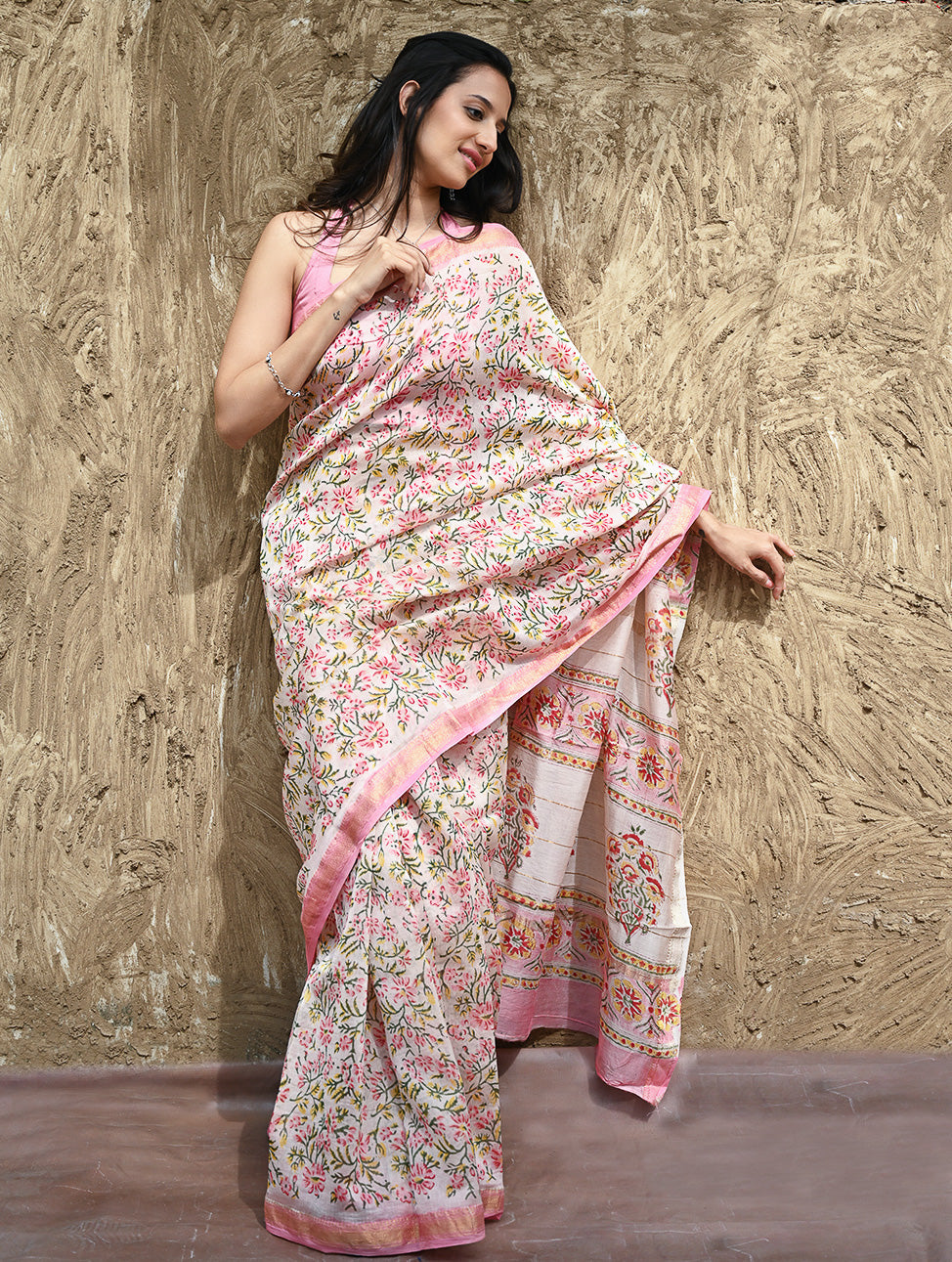 Sanganer Summers : Hand Block Printed Maheshwari Saree - Gulbahar