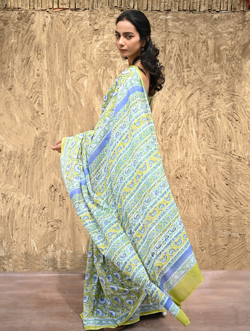 Sanganer Summers : Hand Block Printed Kota Doria Saree - Fresh Lime Garden