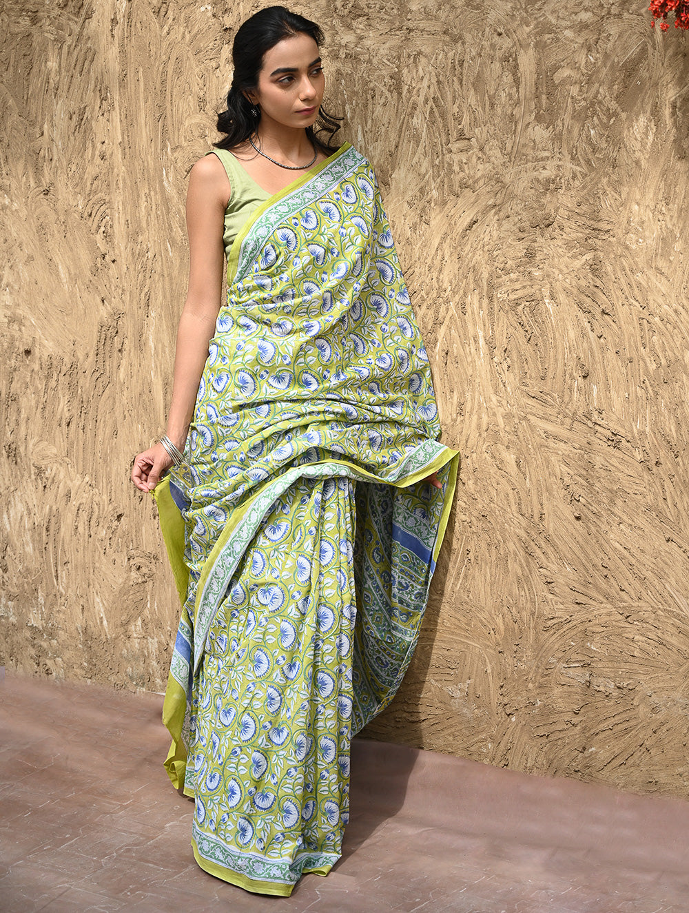 Sanganer Summers : Hand Block Printed Kota Doria Saree - Fresh Lime Garden