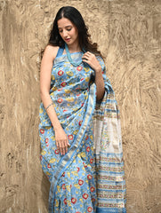 Sanganer Summers : Hand Block Printed Maheshwari Saree - Blue Bells