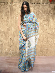 Sanganer Summers : Hand Block Printed Maheshwari Saree - Blue Bells