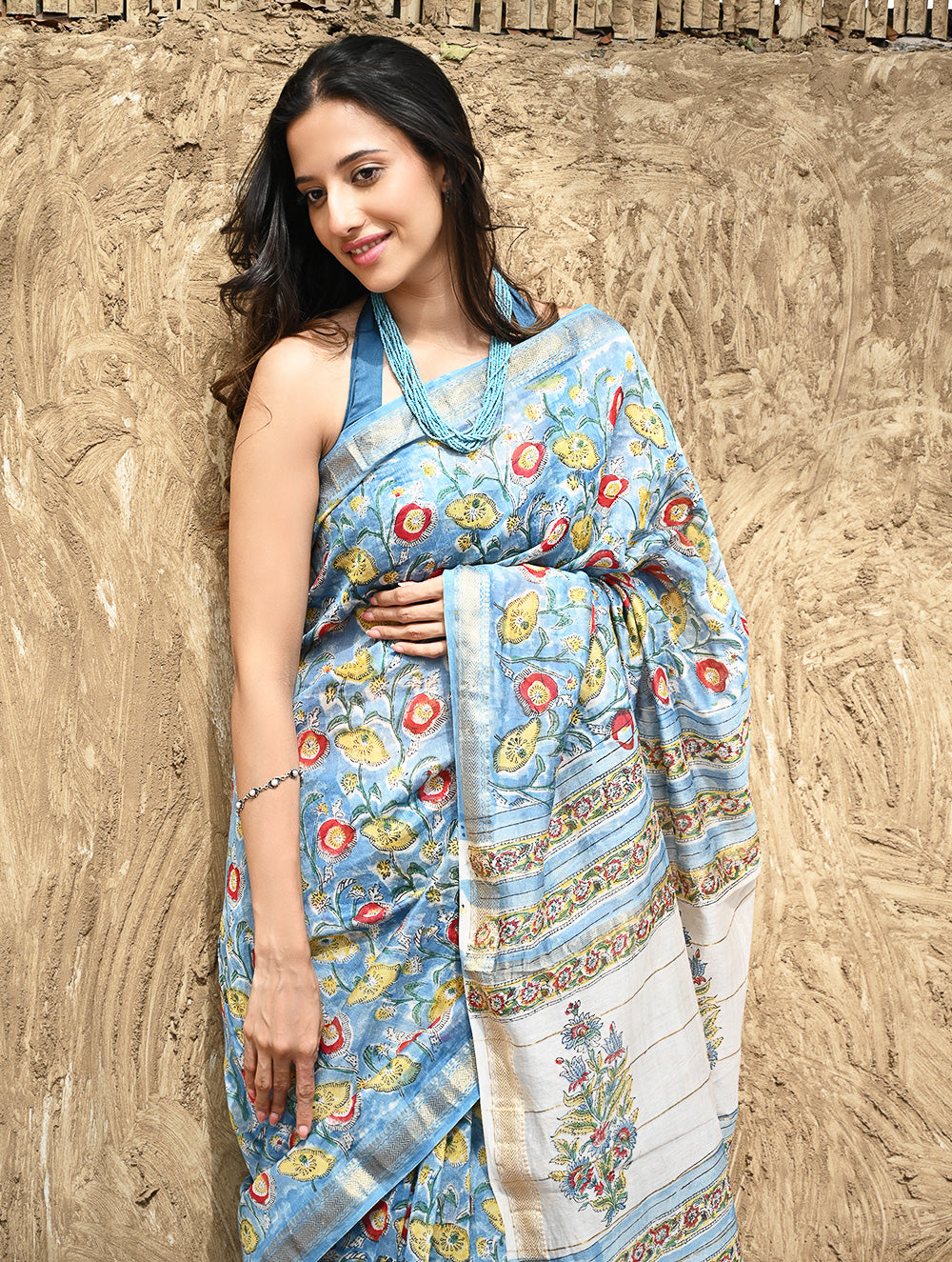 Sanganer Summers : Hand Block Printed Maheshwari Saree - Blue Bells