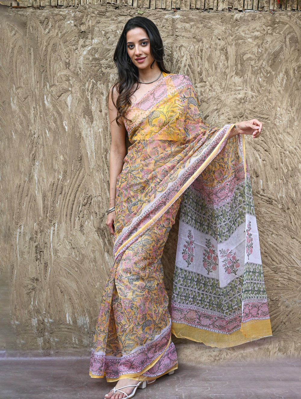 Sanganer Summers : Hand Block Printed Kota Doria Saree - Basant Angan