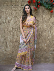 Sanganer Summers : Hand Block Printed Kota Doria Saree - Basant Angan