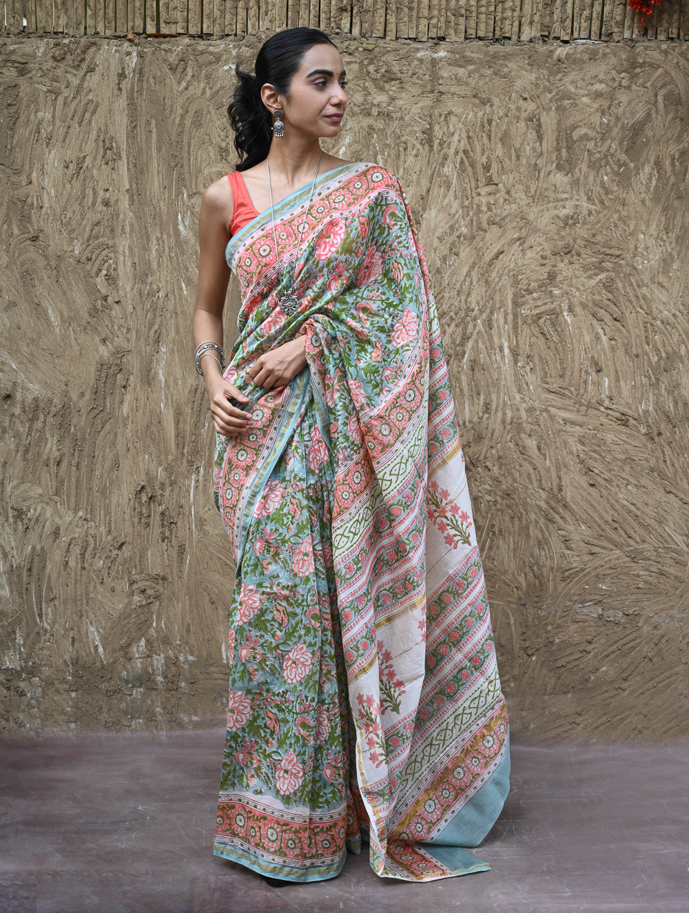 Sanganer Summers : Hand Block Printed Chanderi Saree - Cottage Garden
