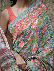 Sanganer Summers : Hand Block Printed Chanderi Saree - Cottage Garden