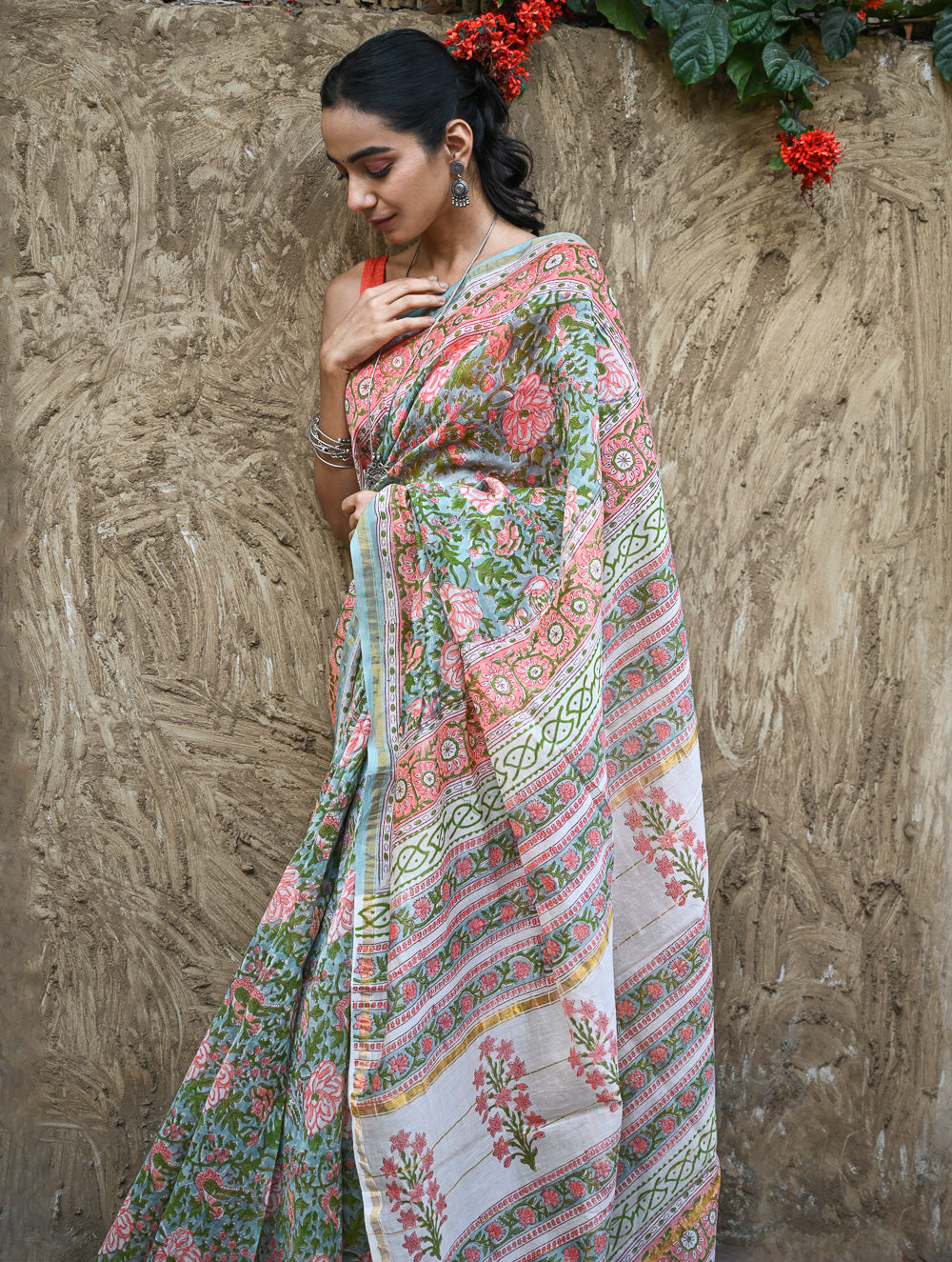 Sanganer Summers : Hand Block Printed Chanderi Saree - Cottage Garden