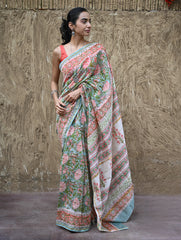 Sanganer Summers : Hand Block Printed Chanderi Saree - Cottage Garden