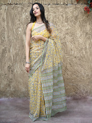 Sanganer Summers : Hand Block Printed Mul Cotton Saree - Peet Pushpjaal