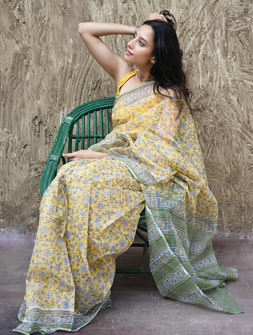 Sanganer Summers : Hand Block Printed Mul Cotton Saree - Peet Pushpjaal