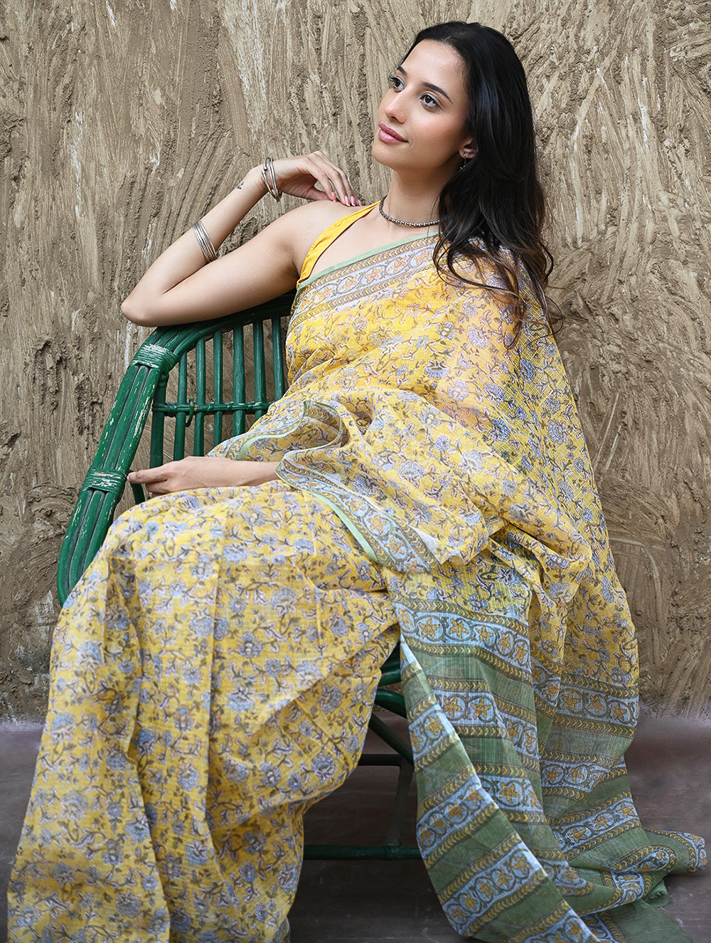 Sanganer Summers : Hand Block Printed Mul Cotton Saree - Peet Pushpjaal