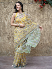 Sanganer Summers : Hand Block Printed Mul Cotton Saree - Peet Pushpjaal