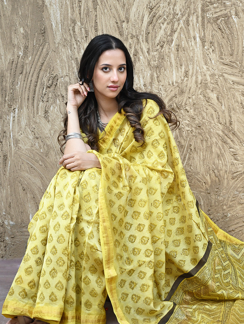 Sanganer Summers : Hand Block Printed Maheshwari Saree - Canary Lawn