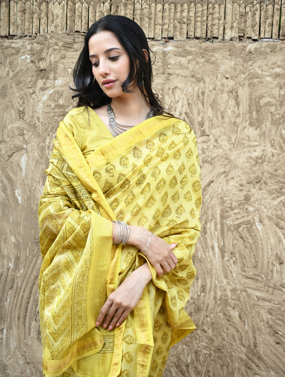 Sanganer Summers : Hand Block Printed Maheshwari Saree - Canary Lawn