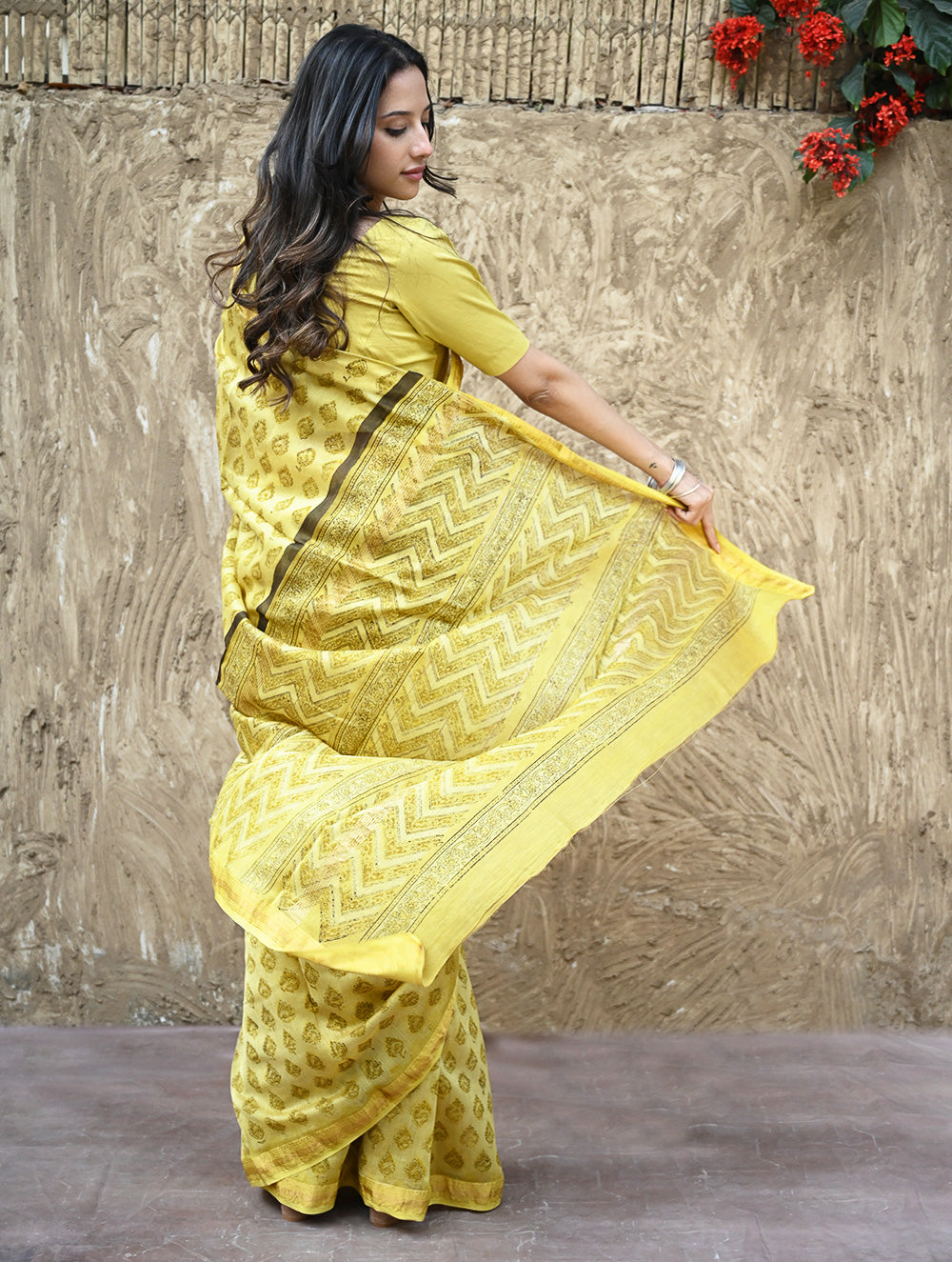 Sanganer Summers : Hand Block Printed Maheshwari Saree - Canary Lawn
