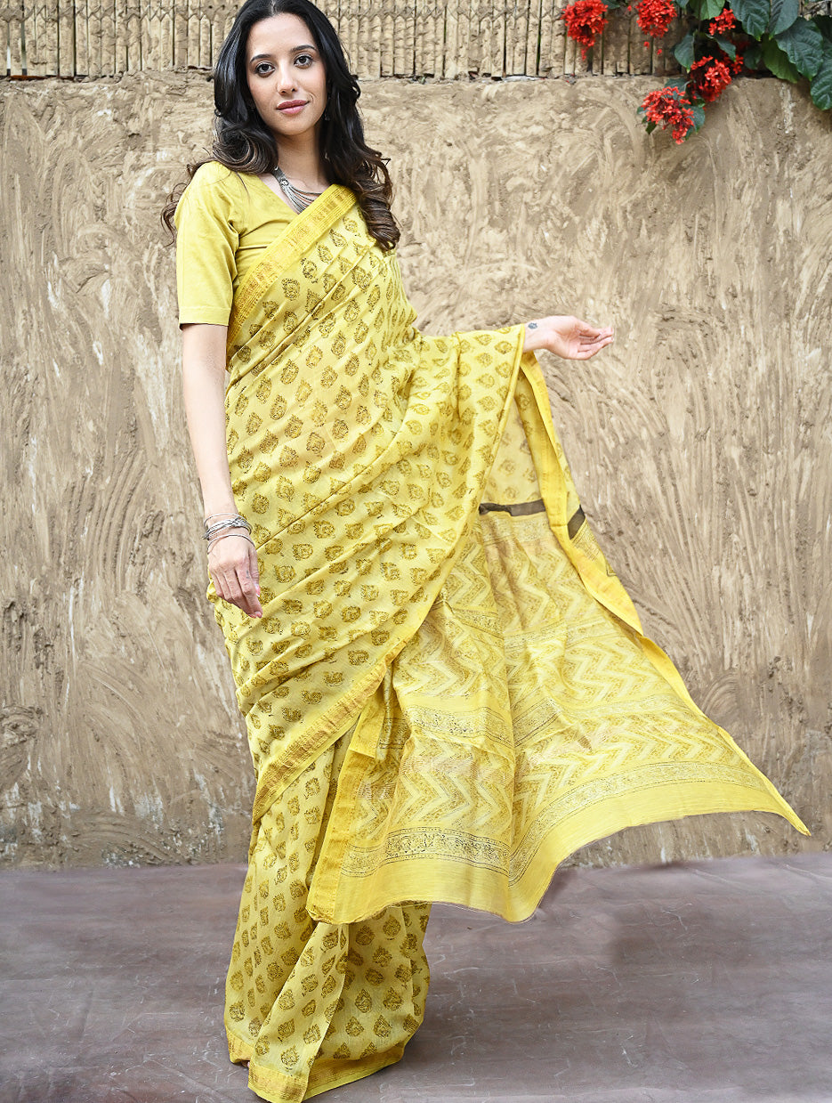 Sanganer Summers : Hand Block Printed Maheshwari Saree - Canary Lawn