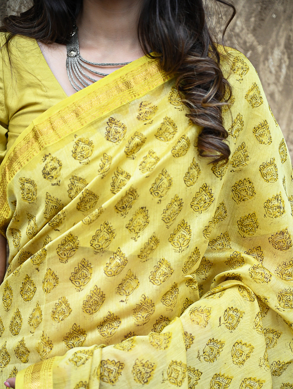 Sanganer Summers : Hand Block Printed Maheshwari Saree - Canary Lawn