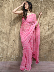 Dabu Vibes : Hand Block Printed Chiffon Saree - Gulabari
