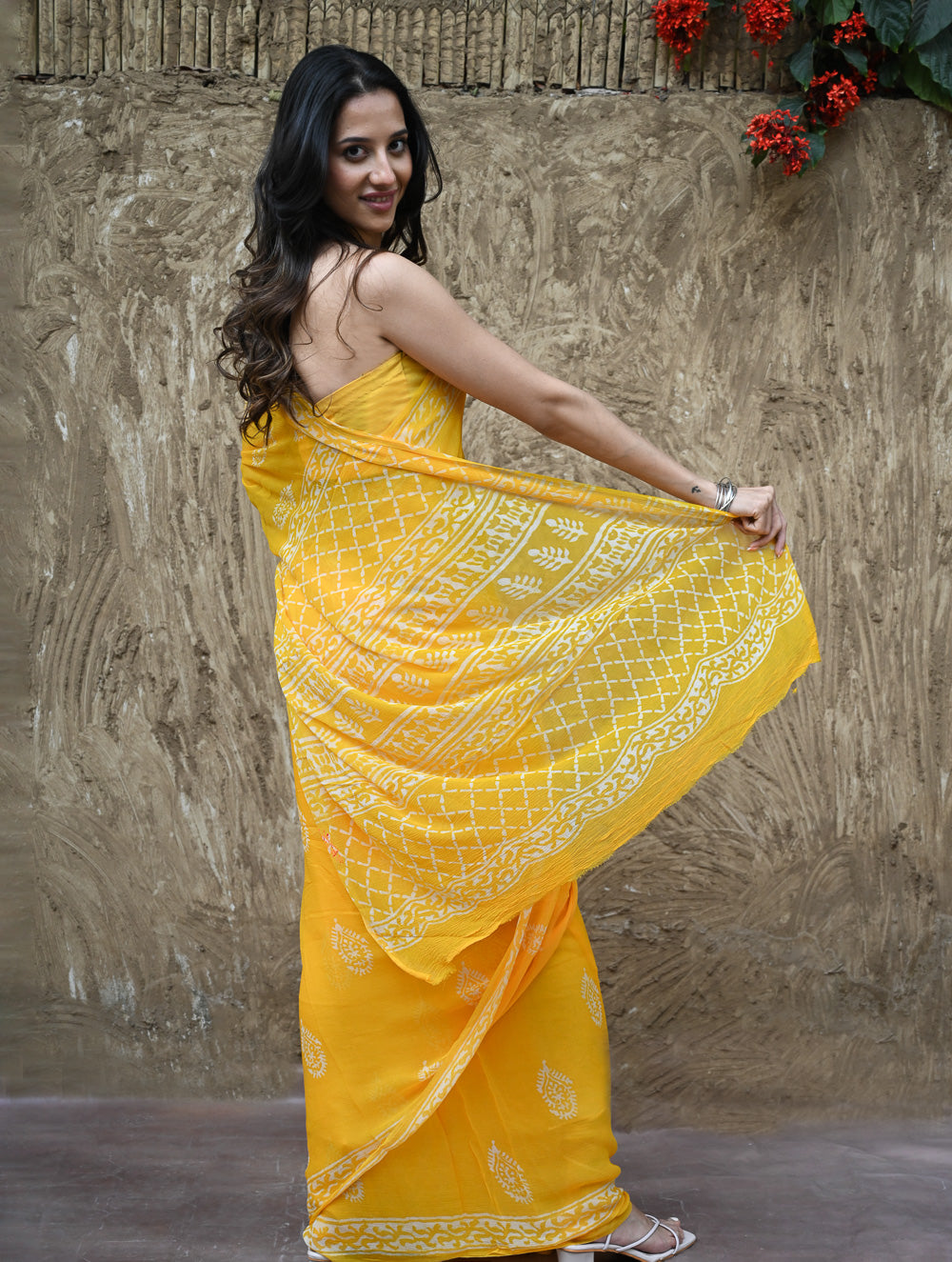 Dabu Vibes : Hand Block Printed Chiffon Saree - Basanti
